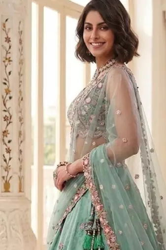 Green Net Lehenga-Choli Embroidered Sequinned Semi-Stitched Lehenga & Unstitched Blouse With Dupatta