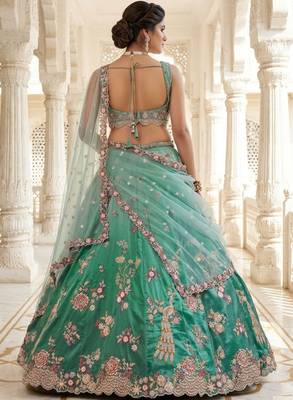 Green Net Lehenga-Choli Embroidered Sequinned Semi-Stitched Lehenga & Unstitched Blouse With Dupatta 4