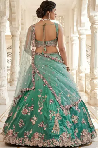 Green Net Lehenga-Choli Embroidered Sequinned Semi-Stitched Lehenga & Unstitched Blouse With Dupatta