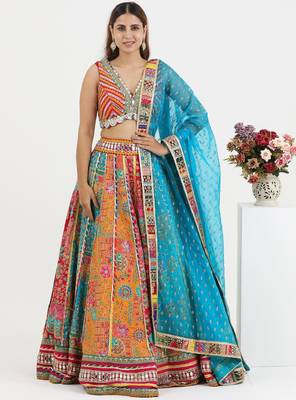 Orange Raw Silk Readymade-lehenga-cholis Floral Printed Gotta Patti 1