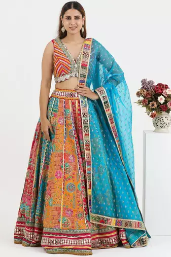 Orange Raw Silk Readymade-lehenga-cholis Floral Printed Gotta Patti