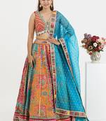 Orange Raw Silk Readymade-lehenga-cholis Floral Printed Gotta Patti