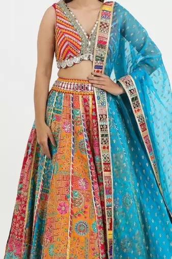 Orange Raw Silk Readymade-lehenga-cholis Floral Printed Gotta Patti