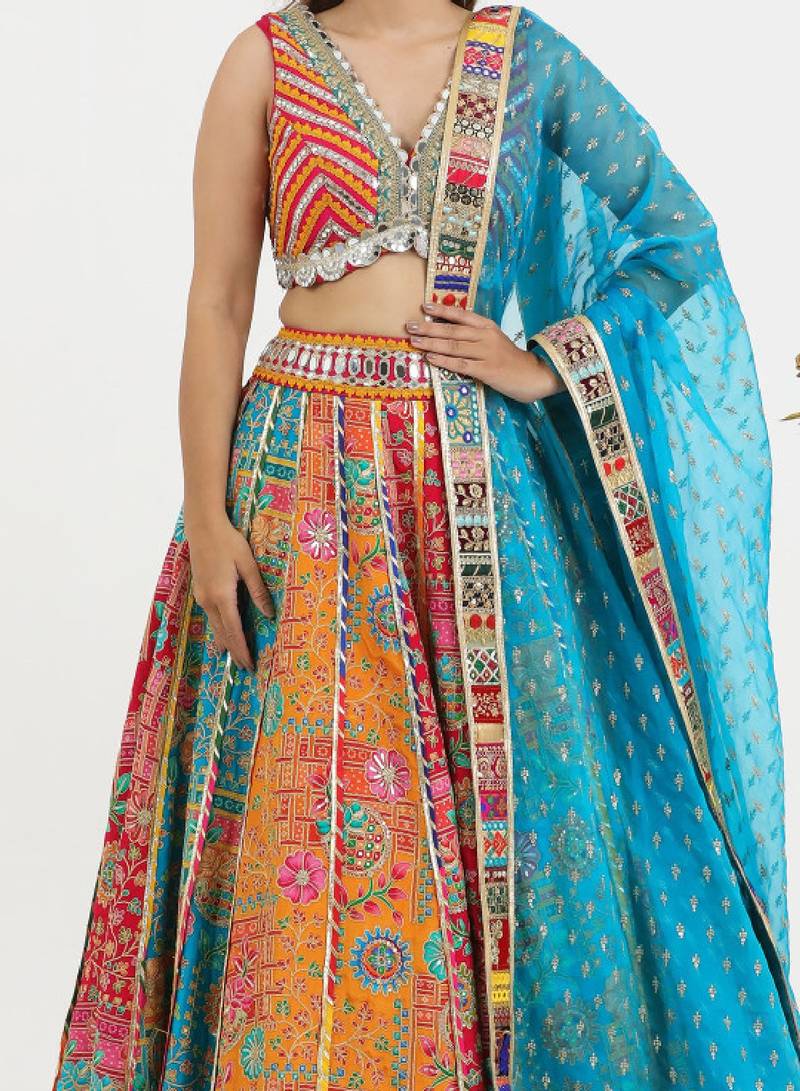 Orange Raw Silk Readymade-lehenga-cholis Floral Printed Gotta Patti