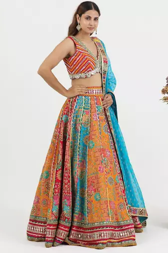 Orange Raw Silk Readymade-lehenga-cholis Floral Printed Gotta Patti