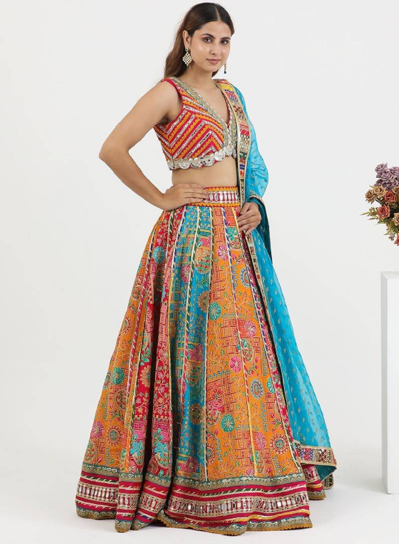 Orange Raw Silk Readymade-lehenga-cholis Floral Printed Gotta Patti