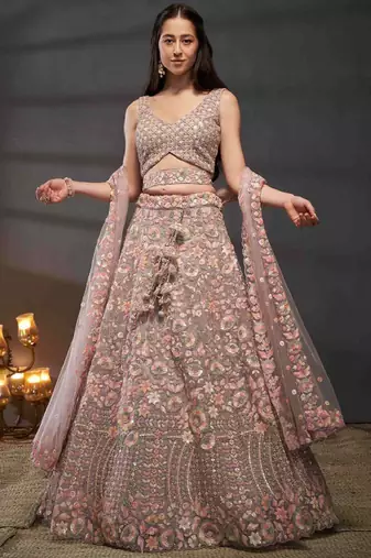 Mauve Tissue Lehenga-Choli with Embroidered Sequinned Beads and Stones