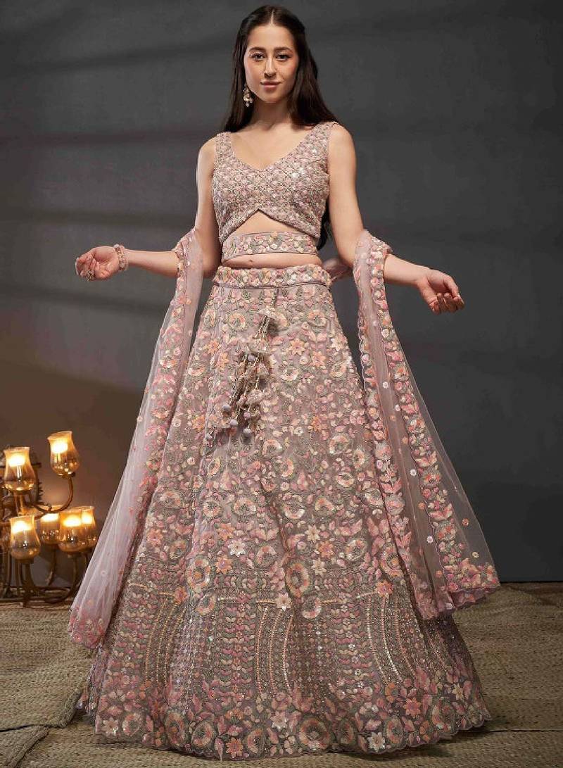 Mauve Tissue Lehenga-Choli with Embroidered Sequinned Beads and Stones
