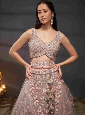 Mauve Tissue Lehenga-Choli with Embroidered Sequinned Beads and Stones 2