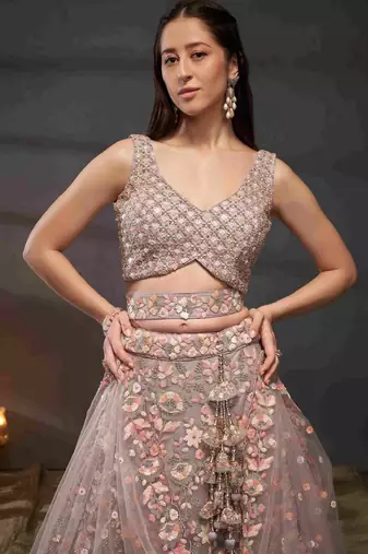 Mauve Tissue Lehenga-Choli with Embroidered Sequinned Beads and Stones
