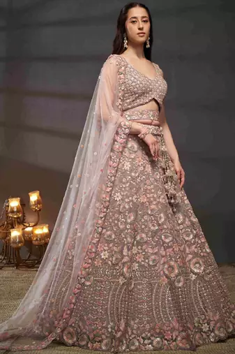 Mauve Tissue Lehenga-Choli with Embroidered Sequinned Beads and Stones