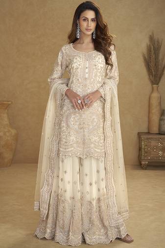 Cream embroidered real net palazzo suit