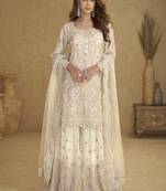 Cream embroidered real net palazzo suit