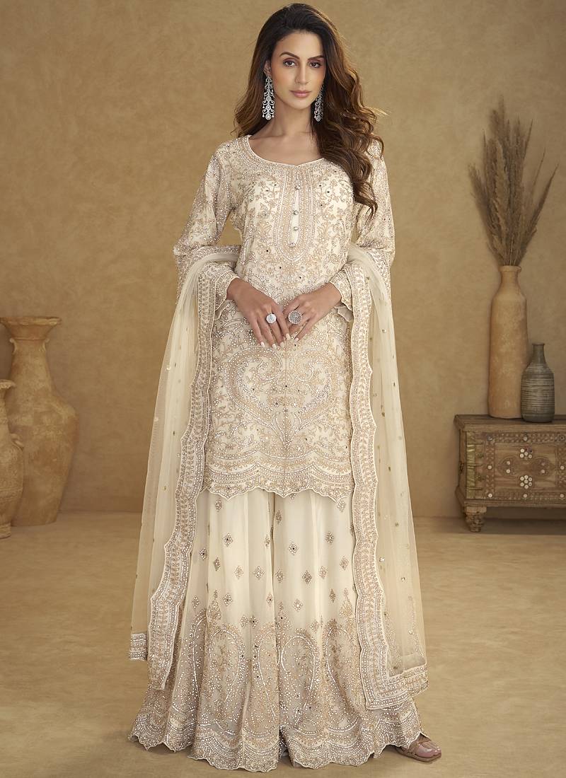 Cream embroidered real net palazzo suit