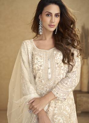 Cream embroidered real net palazzo suit 2