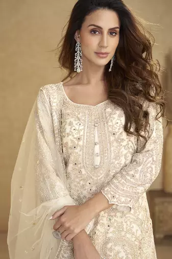 Cream embroidered real net palazzo suit