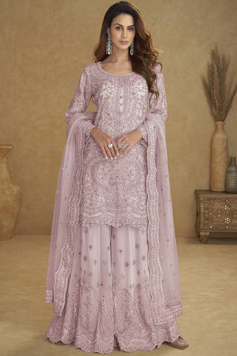 Lavender  embroidered real net palazzo suit