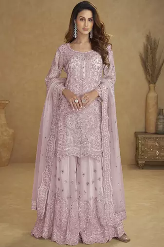 Lavender  embroidered real net palazzo suit