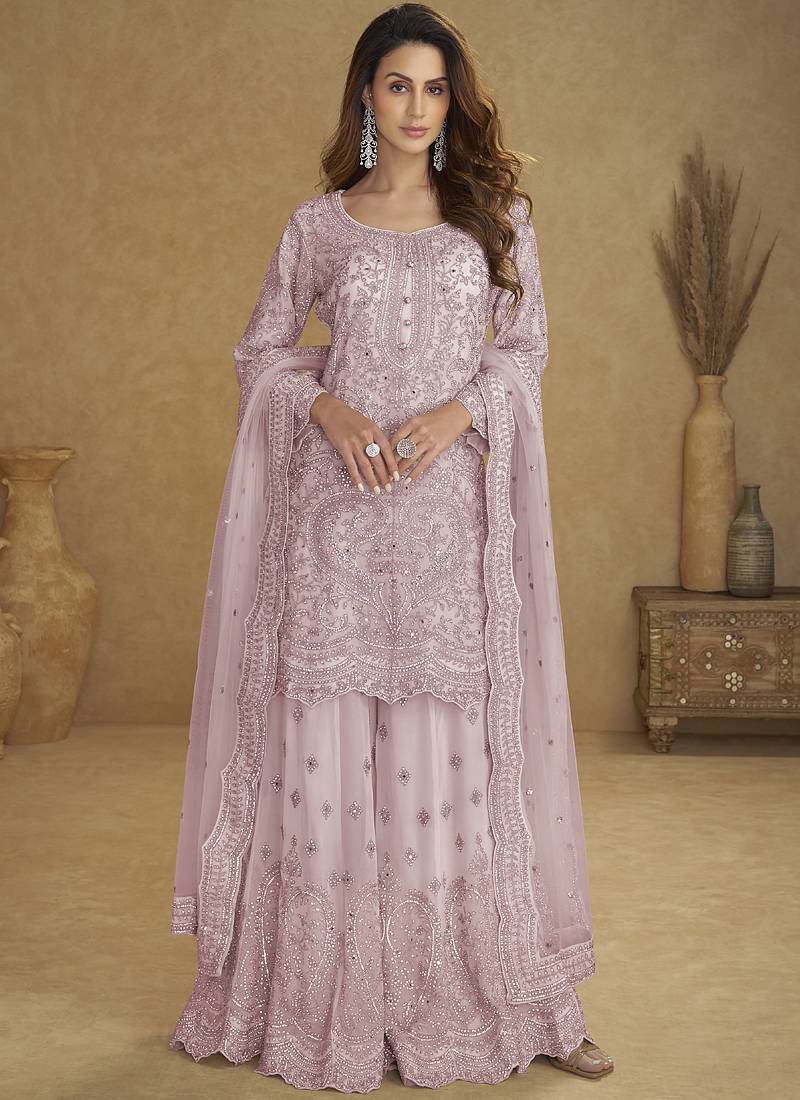 Lavender  embroidered real net palazzo suit