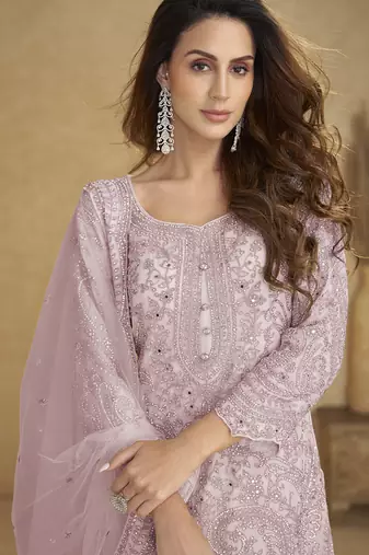 Lavender  embroidered real net palazzo suit