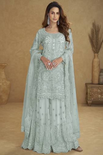 Sea-green embroidered real net palazzo suit