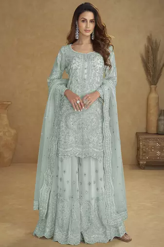 Sea-green embroidered real net palazzo suit
