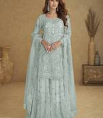 Sea-green embroidered real net palazzo suit