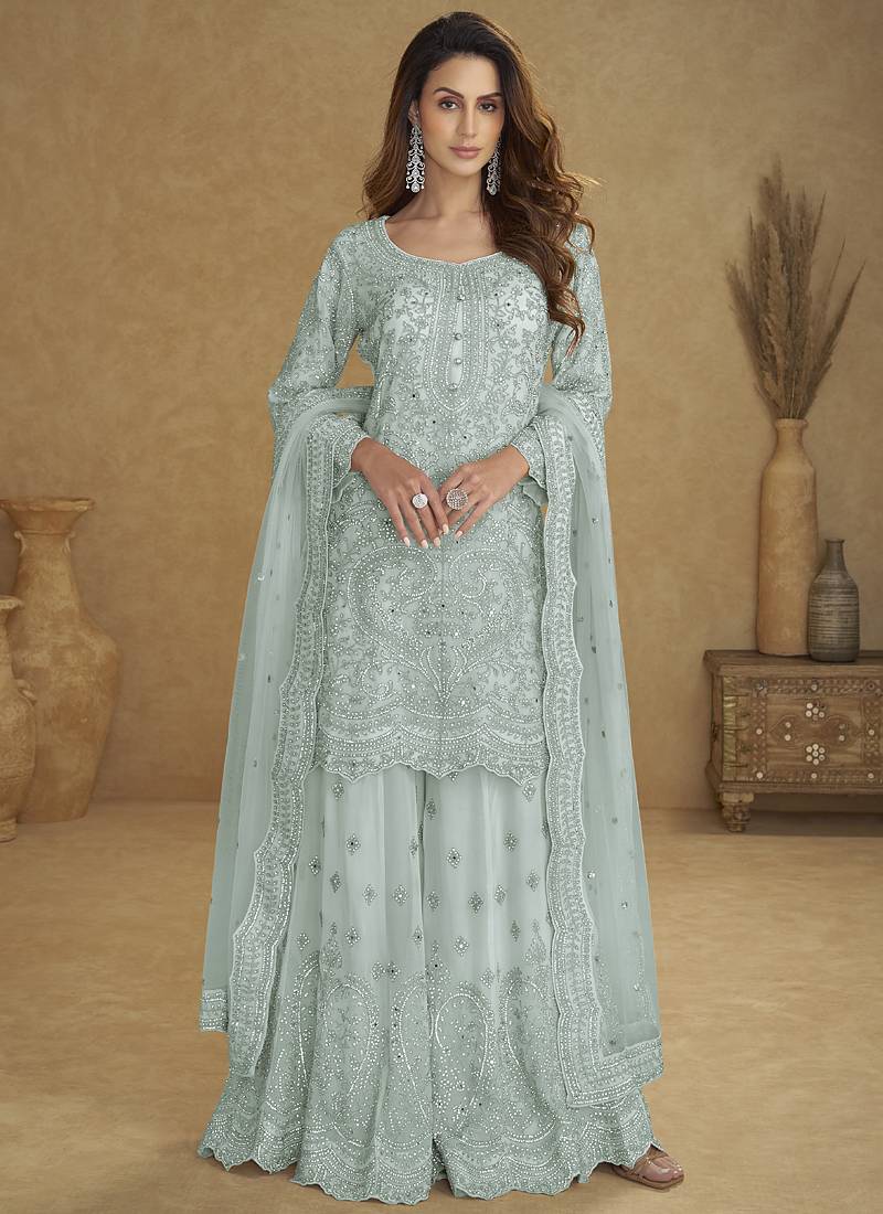 Sea-green embroidered real net palazzo suit