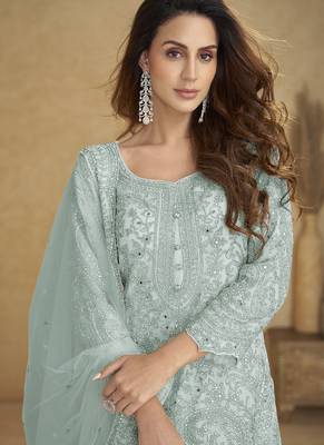 Sea-green embroidered real net palazzo suit 2