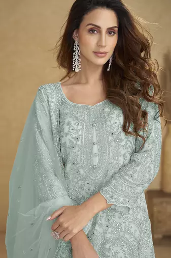 Sea-green embroidered real net palazzo suit