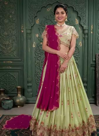 light parrot green georgette embroidered lehenga choli