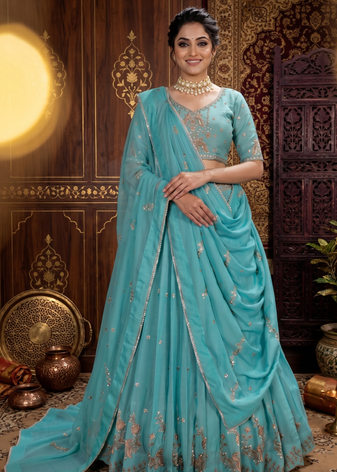 sky blue georgette embroidered lehenga choli