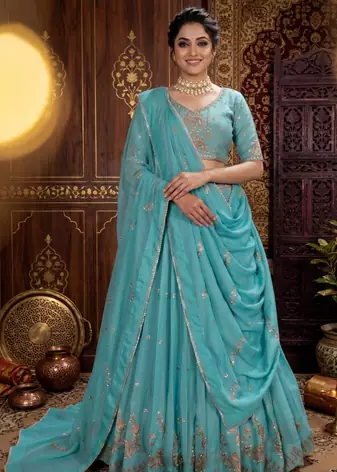 sky blue georgette embroidered lehenga choli