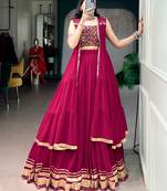 Rani Pink Gamthi Work Lehenga Choli with Mirror  Long Koti - Full stitched free size