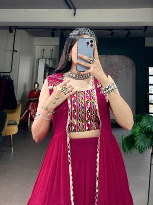 Rani Pink Gamthi Work Lehenga Choli with Mirror  Long Koti - Full stitched free size 2