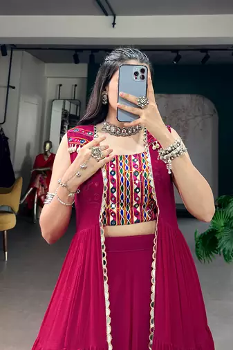 Rani Pink Gamthi Work Lehenga Choli with Mirror  Long Koti - Full stitched free size