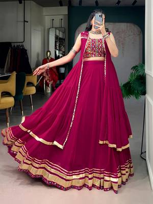 Rani Pink Gamthi Work Lehenga Choli with Mirror  Long Koti - Full stitched free size 4
