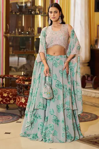 Designer Georgette Floral Print  Lehenga Choli  with Thread Embroidery and Sequins Work- Full stitched free size