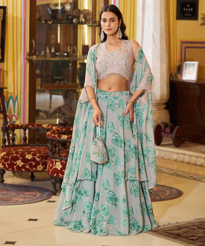 Designer Georgette Floral Print  Lehenga Choli  with Thread Embroidery and Sequins Work- Full stitched free size