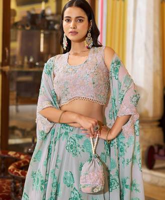 Designer Georgette Floral Print  Lehenga Choli  with Thread Embroidery and Sequins Work- Full stitched free size 2