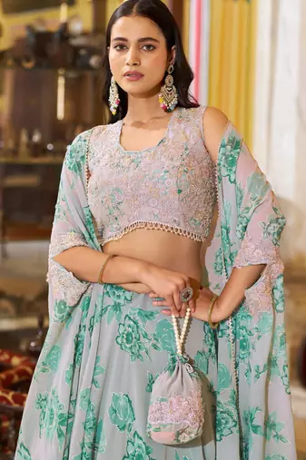 Designer Georgette Floral Print  Lehenga Choli  with Thread Embroidery and Sequins Work- Full stitched free size