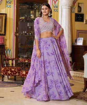 Designer Georgette Lehenga Choli  with Thread Embroidery and Sequins Work- Full stitched free size 1
