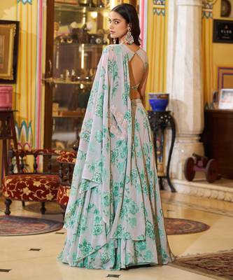 Designer Georgette Floral Print  Lehenga Choli  with Thread Embroidery and Sequins Work- Full stitched free size 3