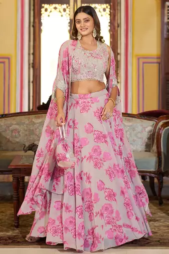 Designer Georgette Floral Print  Lehenga Choli  with Thread Embroidery and Sequins Work- Full stitched free size
