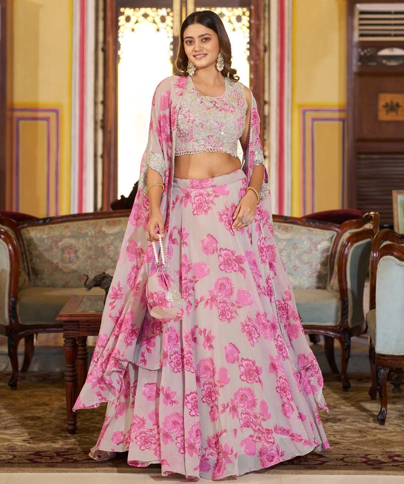 Designer Georgette Floral Print  Lehenga Choli  with Thread Embroidery and Sequins Work- Full stitched free size