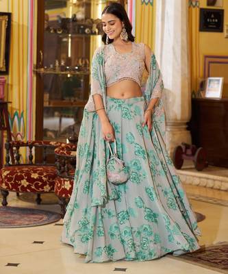 Designer Georgette Floral Print  Lehenga Choli  with Thread Embroidery and Sequins Work- Full stitched free size 4