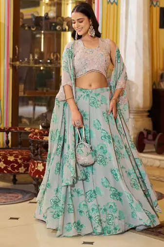 Designer Georgette Floral Print  Lehenga Choli  with Thread Embroidery and Sequins Work- Full stitched free size