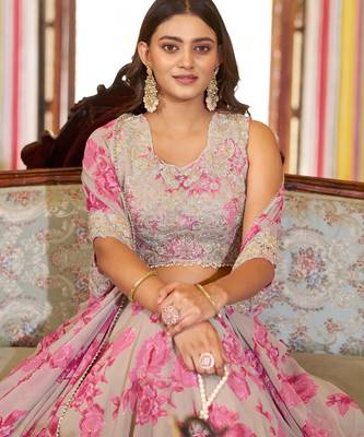 Designer Georgette Floral Print  Lehenga Choli  with Thread Embroidery and Sequins Work- Full stitched free size 2