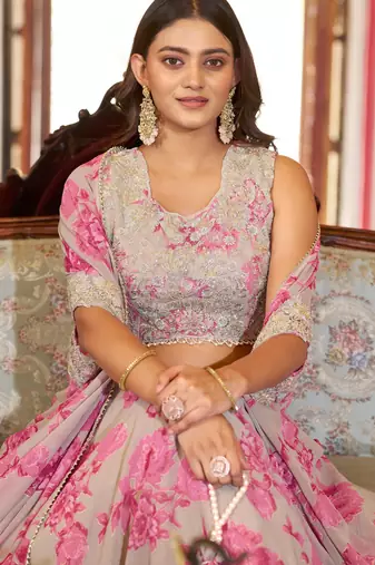 Designer Georgette Floral Print  Lehenga Choli  with Thread Embroidery and Sequins Work- Full stitched free size