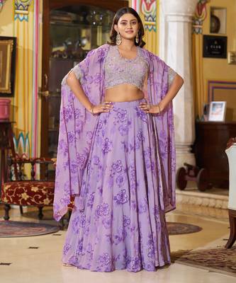 Designer Georgette Lehenga Choli  with Thread Embroidery and Sequins Work- Full stitched free size 4